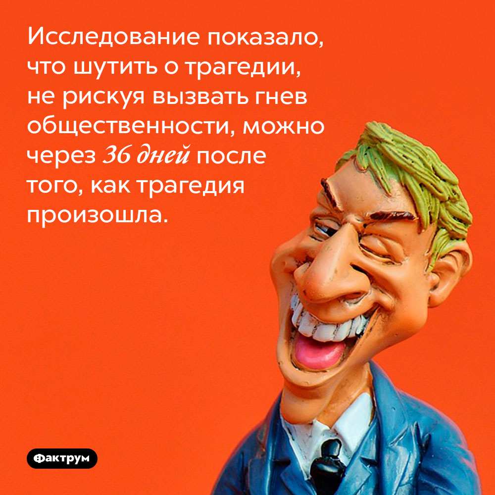 Шутить о трагедии можно на 36-й день. Исследование показало, что шутить о трагедии, не рискуя вызвать гнев общественности, можно через 36 дней после того, как трагедия произошла.