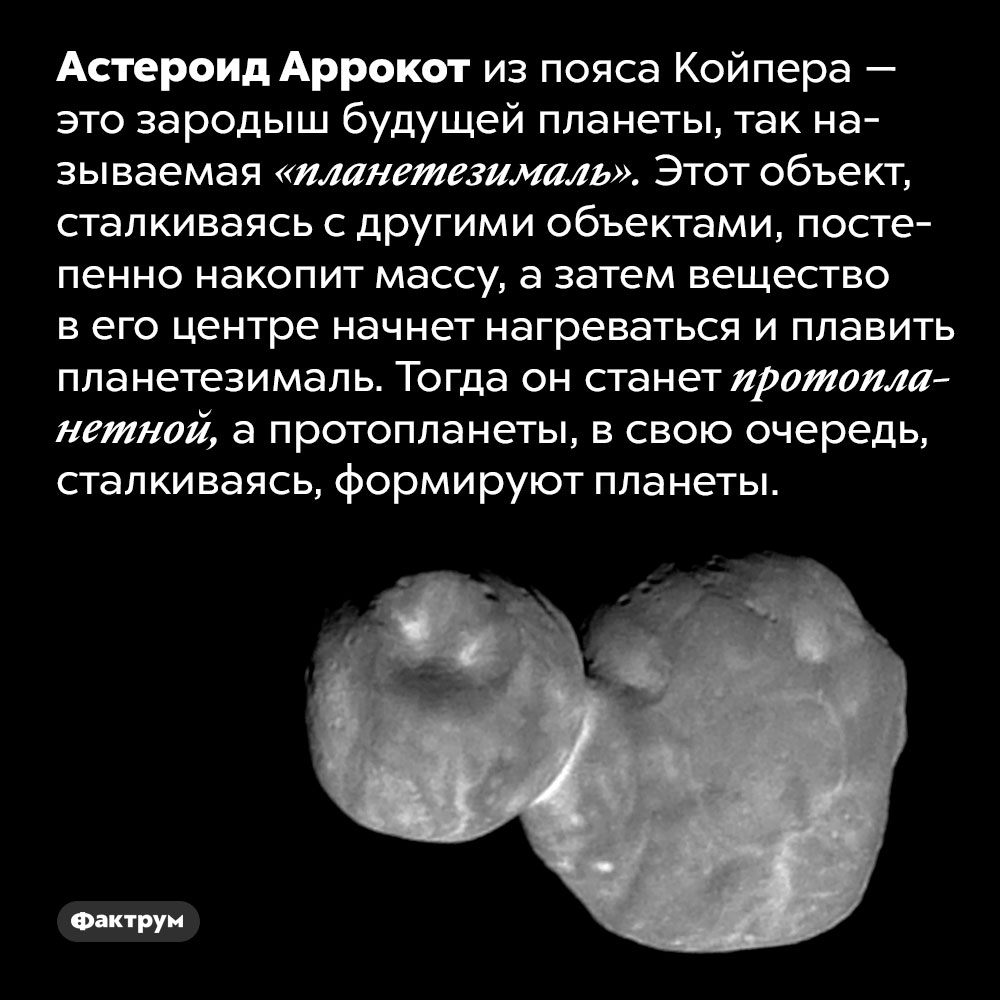 Что такое «планетезималь». Астероид Аррокот из пояса Койпера — это зародыш будущей планеты, так называемая «планетезималь». Этот объект, сталкиваясь с другими объектами, постепенно накопит массу, а затем вещество в его центре начнет нагреваться и плавить планетезималь. Тогда он станет протопланетной, а протопланеты, в свою очередь, сталкиваясь, формируют планеты.
