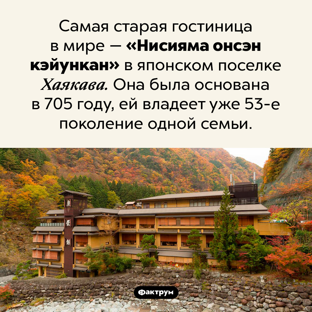 Самая старая гостиница в мире. Самая старая гостиница в мире — «Нисияма онсэн кэйункан» в японском поселке Хаякава. Она была основана в 705 году, ей владеет уже 53-е поколение одной семьи.
