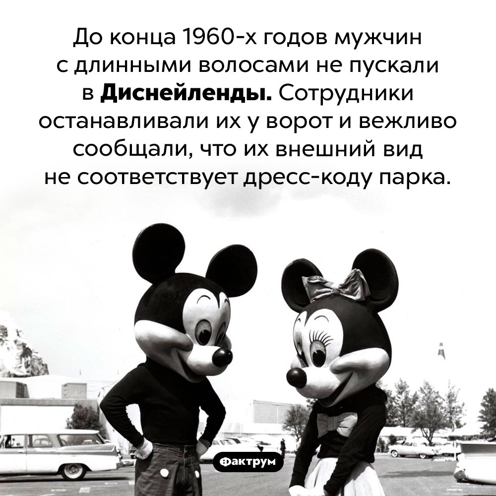 Стандарты дресс-кода Диснейлендов 1960-х годов. До конца 1960-х годов мужчин с длинными волосами не пускали в Диснейленды. Сотрудники останавливали их у ворот и вежливо сообщали, что их внешний вид не соответствует дресс-коду парка.