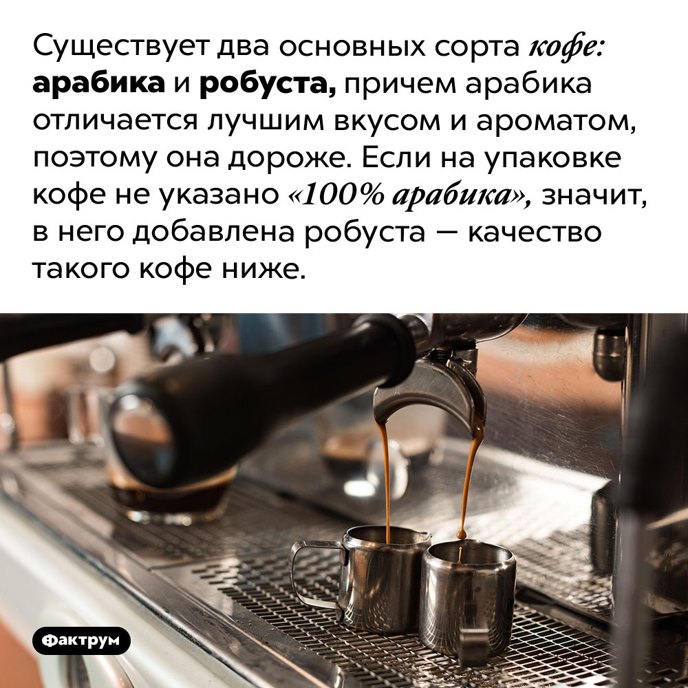 Арабика и робуста. Существует два основных сорта кофе: арабика и робуста, причем арабика отличается лучшим вкусом и ароматом, поэтому она дороже. Если на упаковке кофе не указано «100% арабика», значит, в него добавлена робуста — качество такого кофе ниже.