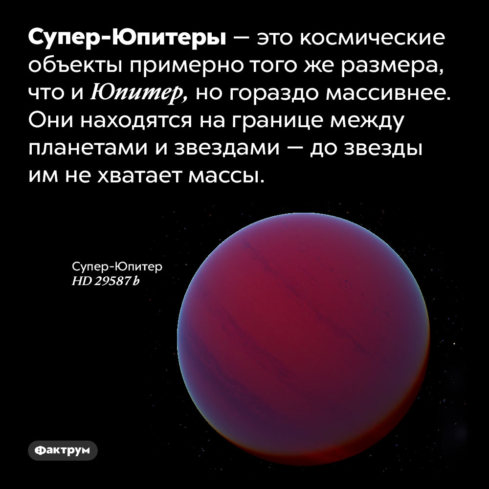 Супер-Юпитеры. Супер-Юпитеры — это космические объекты примерно того же размера, что и Юпитер, но гораздо массивнее. Они находятся на границе между планетами и звездами — до звезды им не хватает массы.