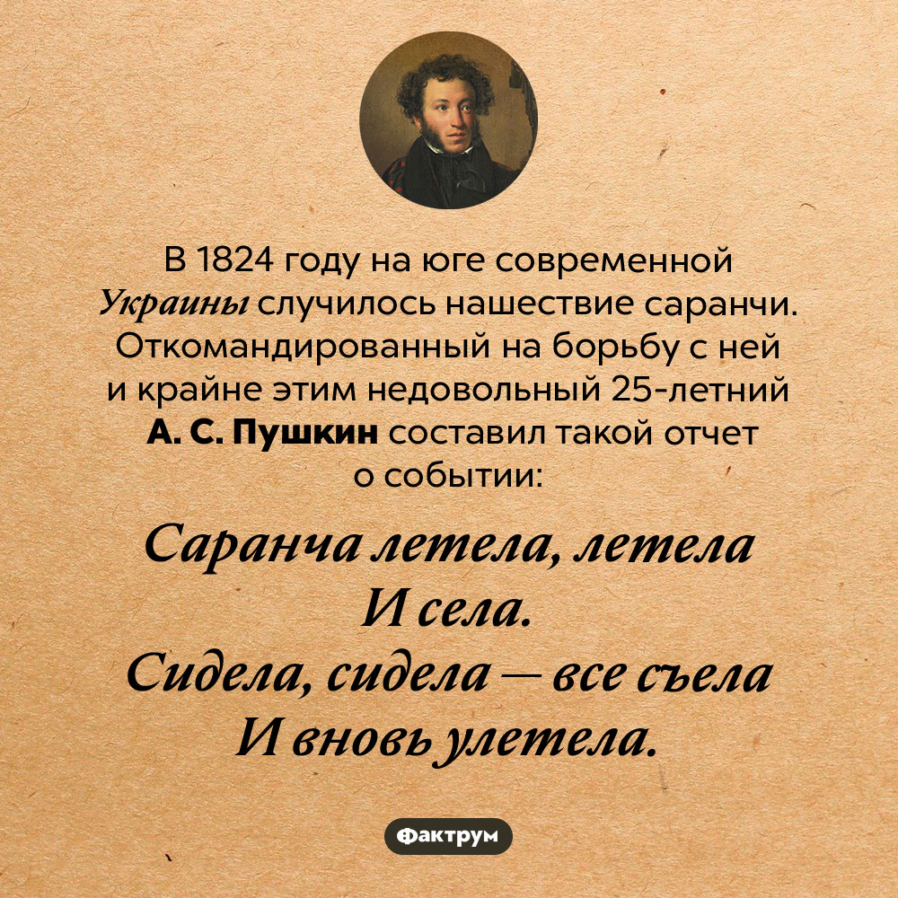 Отчет А. С. Пушкина о нашествии саранчи. В 1824 году на юге современной Украины случилось нашествие саранчи. Откомандированный на борьбу с ней и крайне этим недовольный 25-летний А. С. Пушкин составил такой отчет о событии:<br / >
<em>Саранча летела, летела<br / >
И села.<br / >
Сидела, сидела — все съела<br / >
И вновь улетела.</em>
