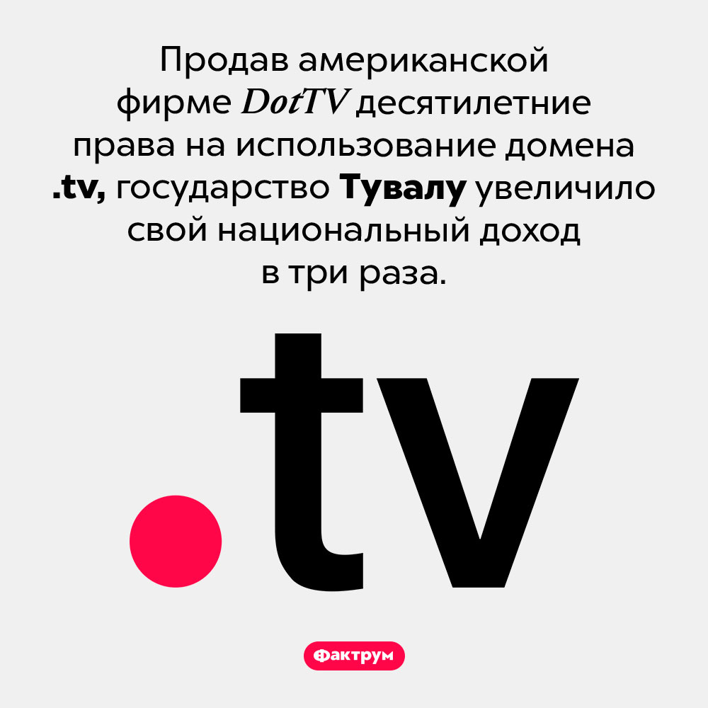 Самая выгодная сделка в истории Тувалу. Продав американской фирме <em>DotTV</em> десятилетние права на использование домена <em>.tv,</em> государство Тувалу увеличило свой национальный доход в три раза.