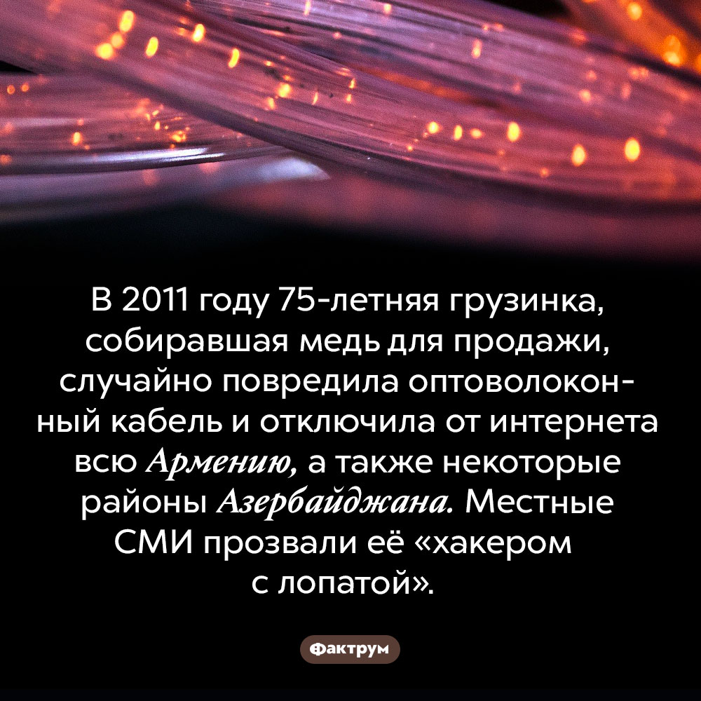 Хакер с лопатой. В 2011 году 75-летняя грузинка, собиравшая медь для продажи, случайно повредила оптоволоконный кабель и отключила от интернета всю Армению, а также некоторые районы Азербайджана. Местные СМИ прозвали её «хакером с лопатой». 