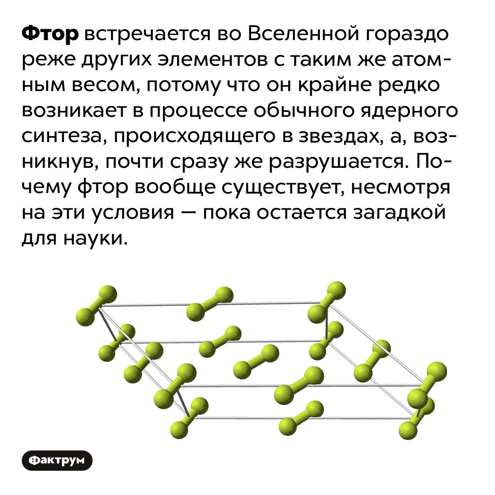 Наука пока не может понять, почему существует фтор. Фтор встречается во Вселенной гораздо реже других элементов с таким же атомным весом, потому что он крайне редко возникает в процессе обычного ядерного синтеза, происходящего в звездах, а, возникнув, почти сразу же разрушается. Почему фтор вообще существует, несмотря на эти условия — пока остается загадкой для науки.