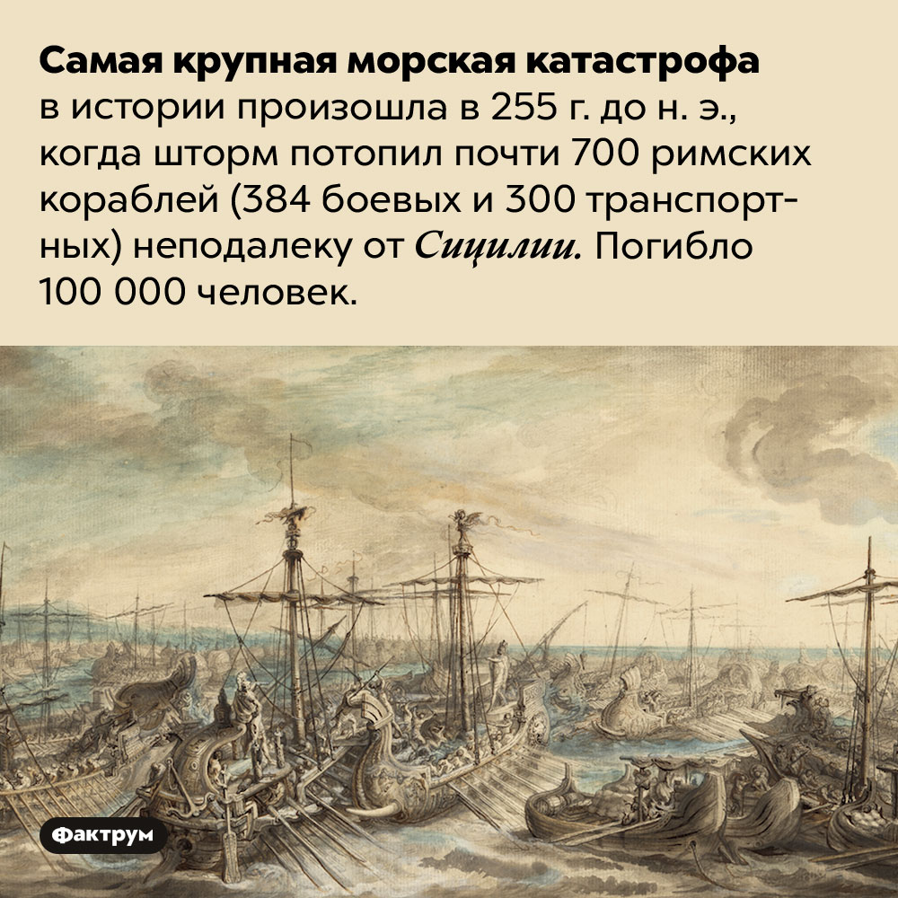 Самая крупная морская катастрофа в истории. Самая крупная морская катастрофа в истории произошла в 255 г. до н. э., когда шторм потопил почти 700 римских кораблей (384 боевых и 300 транспортных) неподалеку от Сицилии. Погибло 100 000 человек.