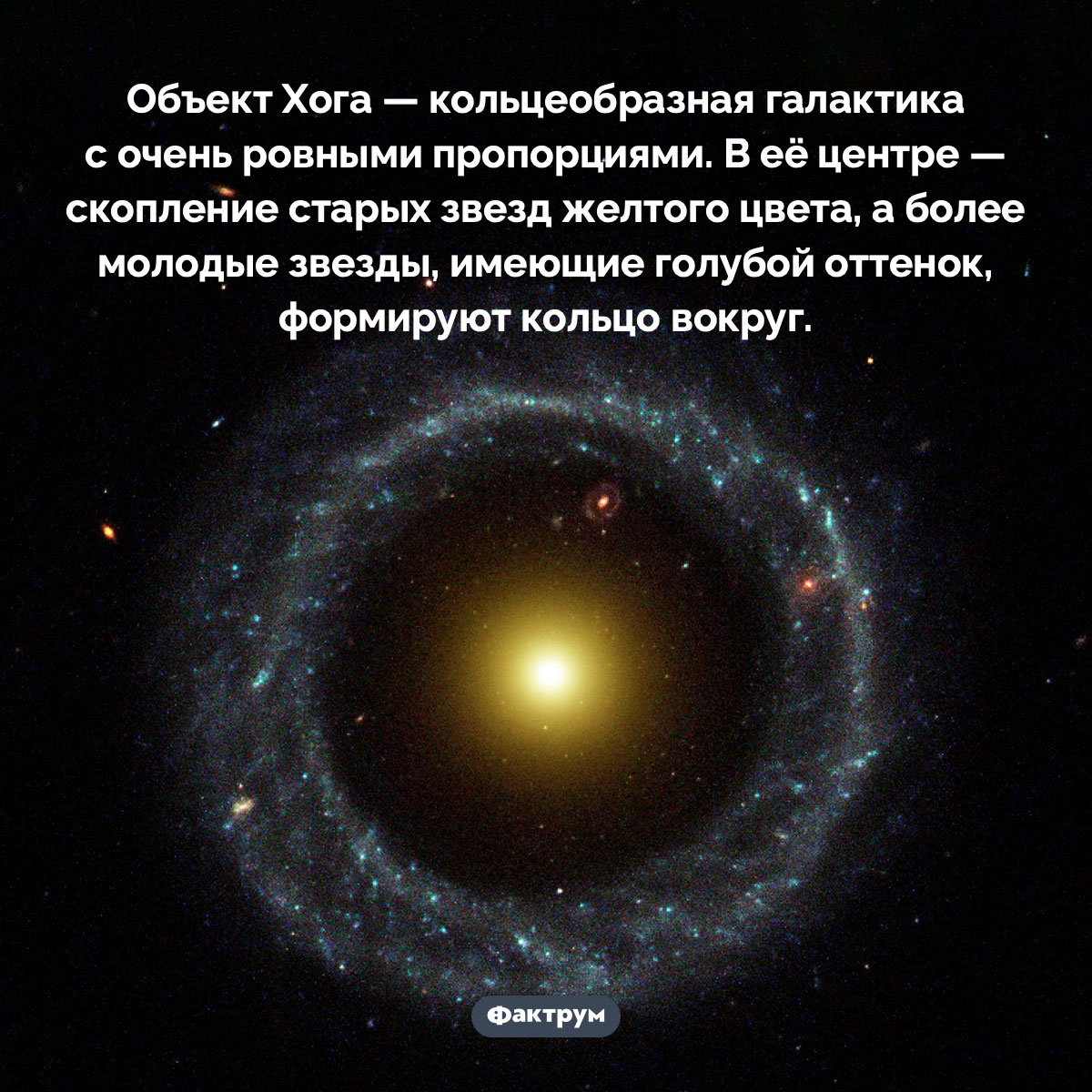 Что такое объект Хога. Объект Хога — кольцеобразная галактика с очень ровными пропорциями. В её центре — скопление старых звезд желтого цвета, а более молодые звезды, имеющие голубой оттенок, формируют кольцо вокруг.