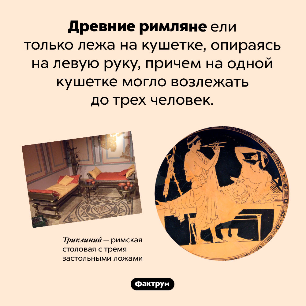 Древние римляне ели, лежа втроем на одной кушетке. Древние римляне ели только лежа на кушетке, опираясь на левую руку, причем на одной кушетке могло возлежать до трех человек.