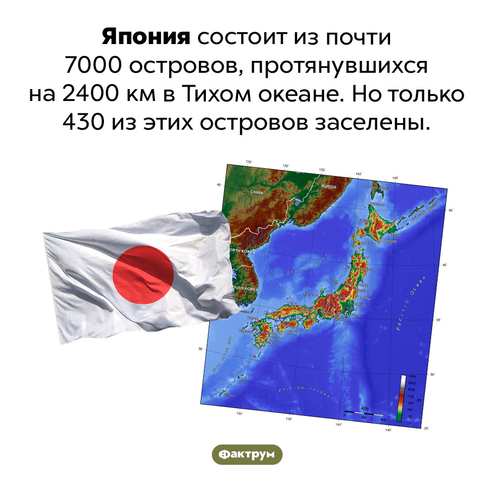 Япония состоит из почти семи тысяч островов. Япония состоит из почти 7000 островов, протянувшихся на 2400 км в Тихом океане. Но только 430 из этих островов заселены.