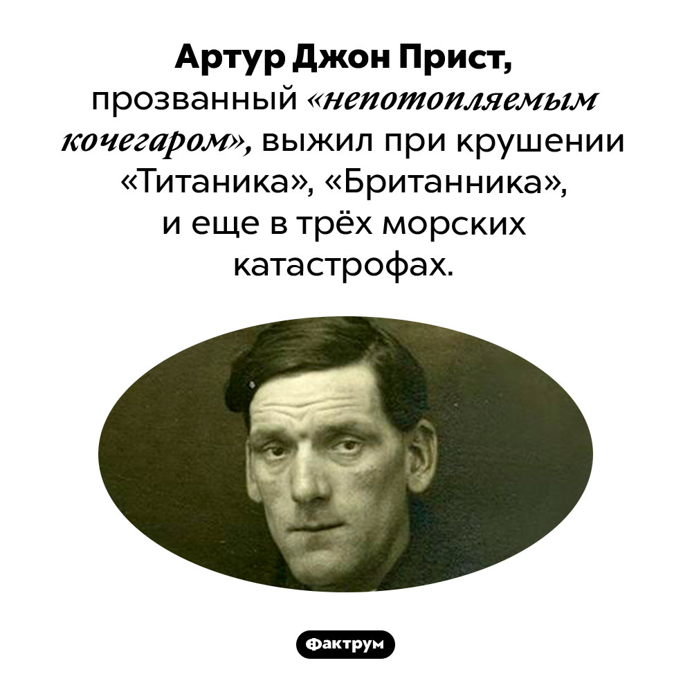 Непотопляемый кочегар. Артур Джон Прист, прозванный «непотопляемым кочегаром», выжил при крушении «Титаника», «Британника», и еще в трёх морских катастрофах.