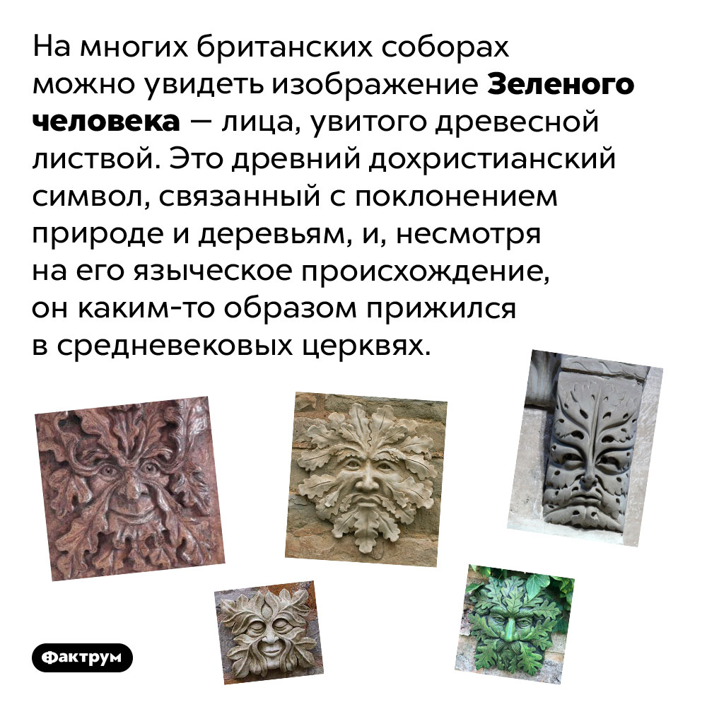 Кто такой Зеленый человек?. На многих британских соборах можно увидеть изображение Зеленого человека — лица, увитого древесной листвой. Это древний дохристианский символ, связанный с поклонением природе и деревьям, и, несмотря на его языческое происхождение, он каким-то образом прижился в средневековых церквях.