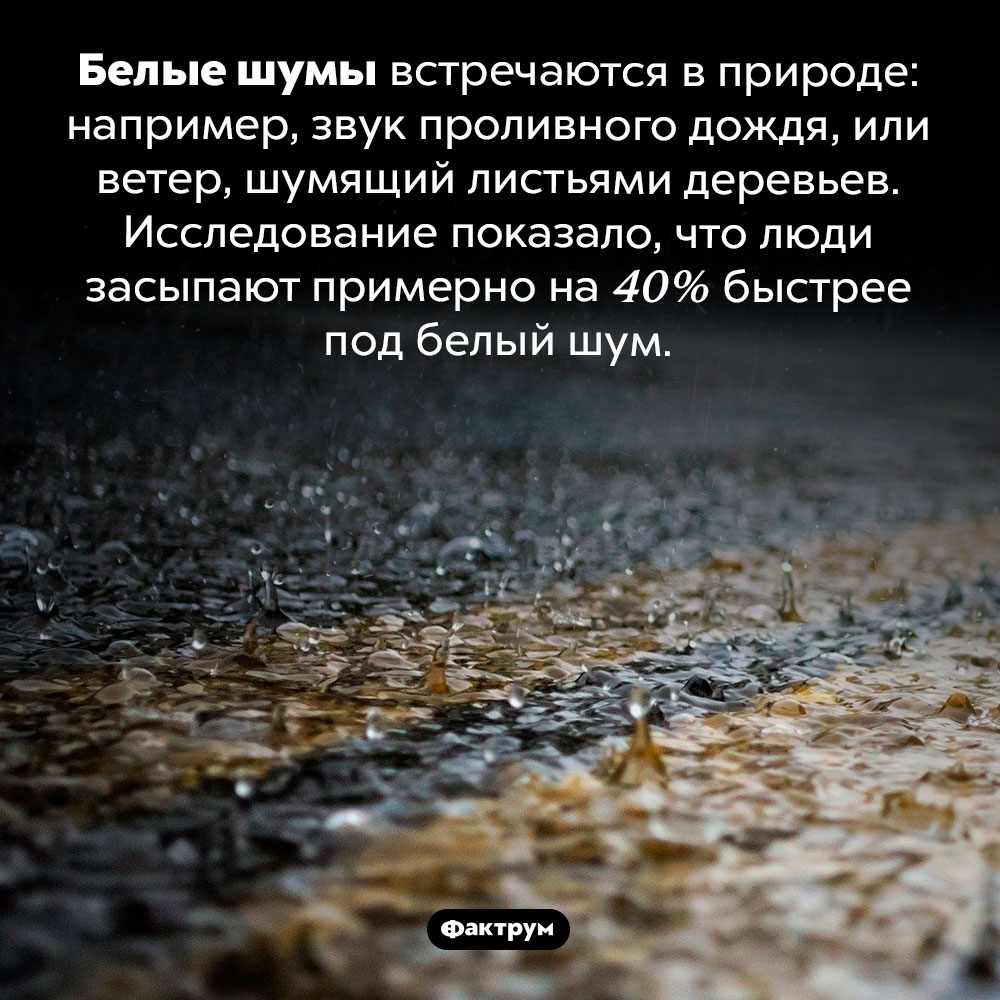 Звук дождя — это белый шум. Белые шумы встречаются в природе: например, звук проливного дождя, или ветер, шумящий листьями деревьев. Исследование показало, что люди засыпают примерно на 40% быстрее под белый шум.