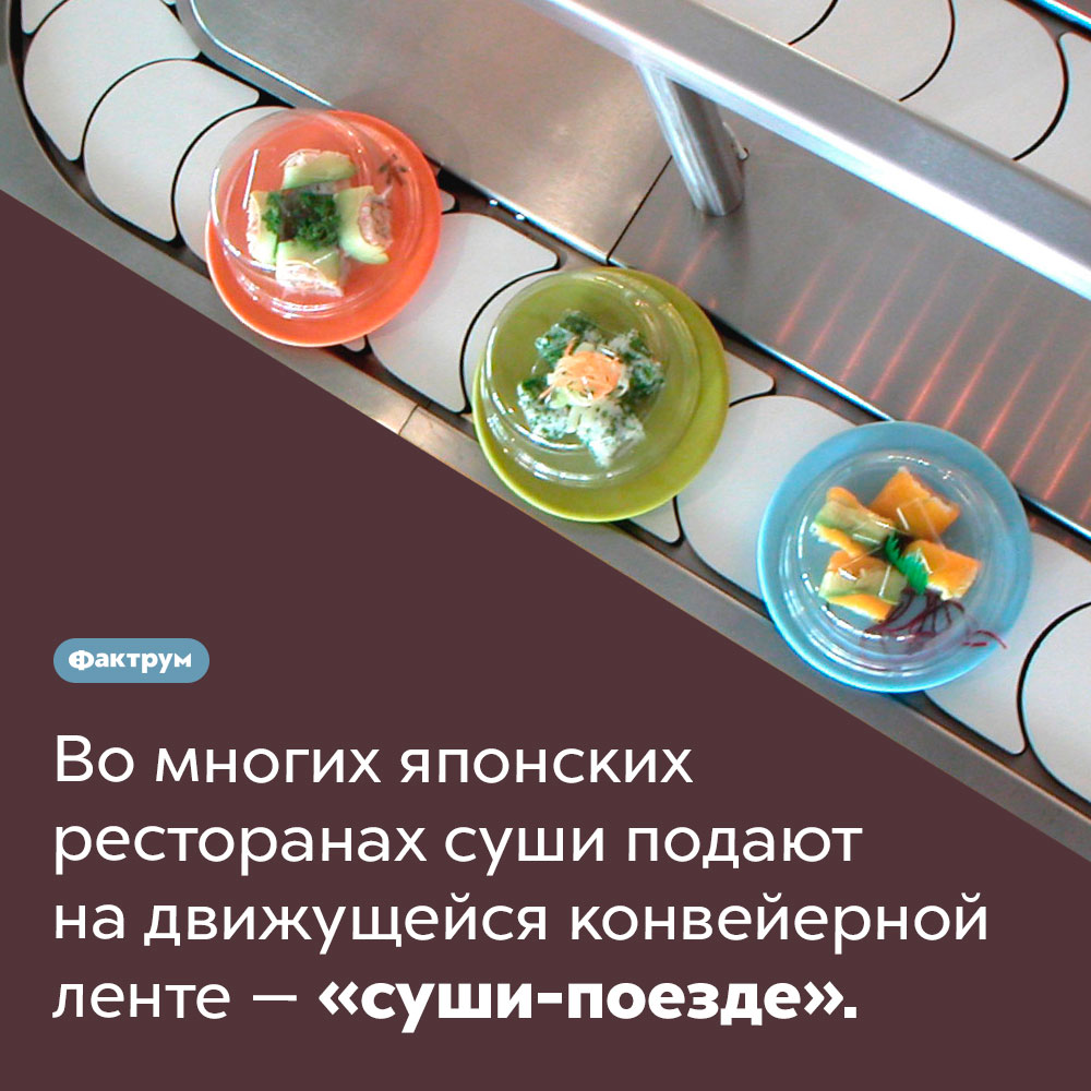 Что такое «суши-поезд». Во многих японских ресторанах суши подают на движущейся конвейерной ленте — «суши-поезде».