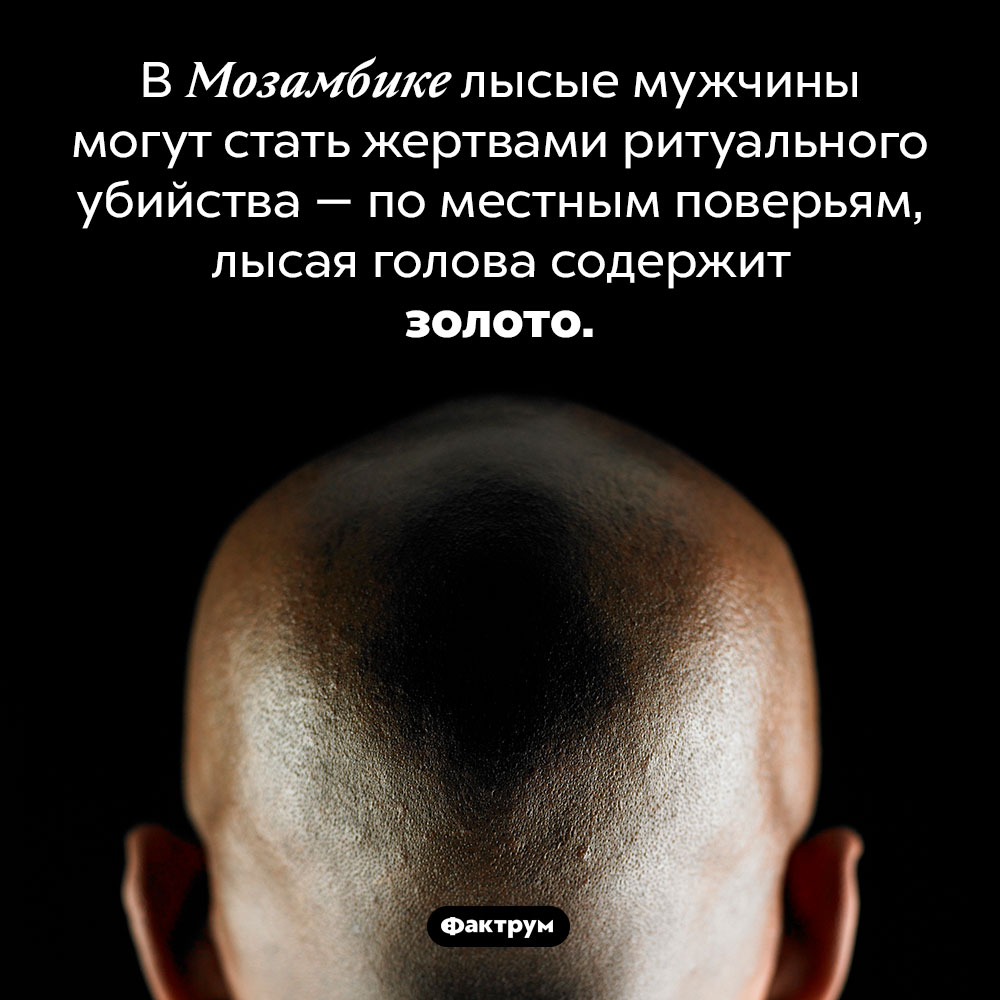 В Мозамбике верят, что в лысой голове можно найти золото. В Мозамбике лысые мужчины могут стать жертвами ритуального убийства — по местным поверьям, лысая голова содержит золото.