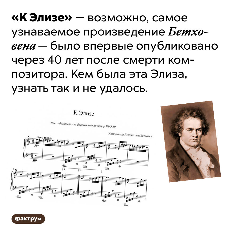 Никто не знает, кем была бетховенская Элиза. «К Элизе» — возможно, самое узнаваемое произведение Бетховена — было впервые опубликовано через 40 лет после смерти композитора. Кем была эта Элиза, узнать так и не удалось.