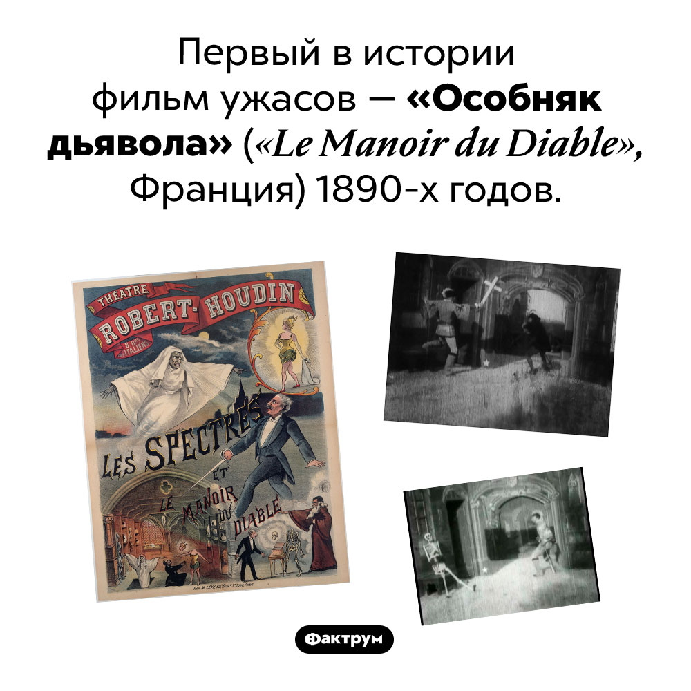 Первый хоррор в истории. Первый в истории фильм ужасов — «Особняк дьявола» (<em>«Le Manoir du Diable»,</em> Франция) 1890-х годов.