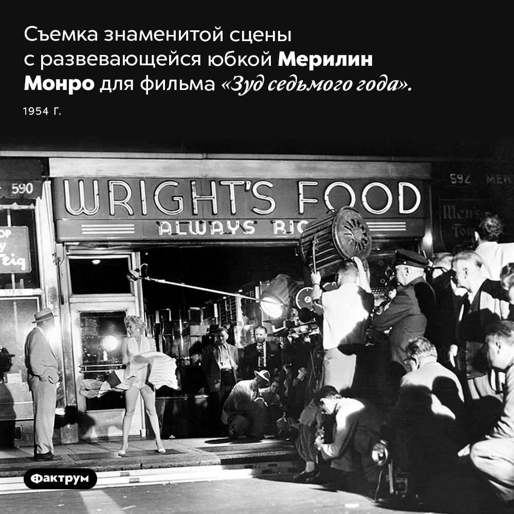 Как снимали сцену с развевающейся юбкой Монро. Съемка знаменитой сцены с развевающейся юбкой Мерилин Монро для фильма «Зуд седьмого года». 1954 год.