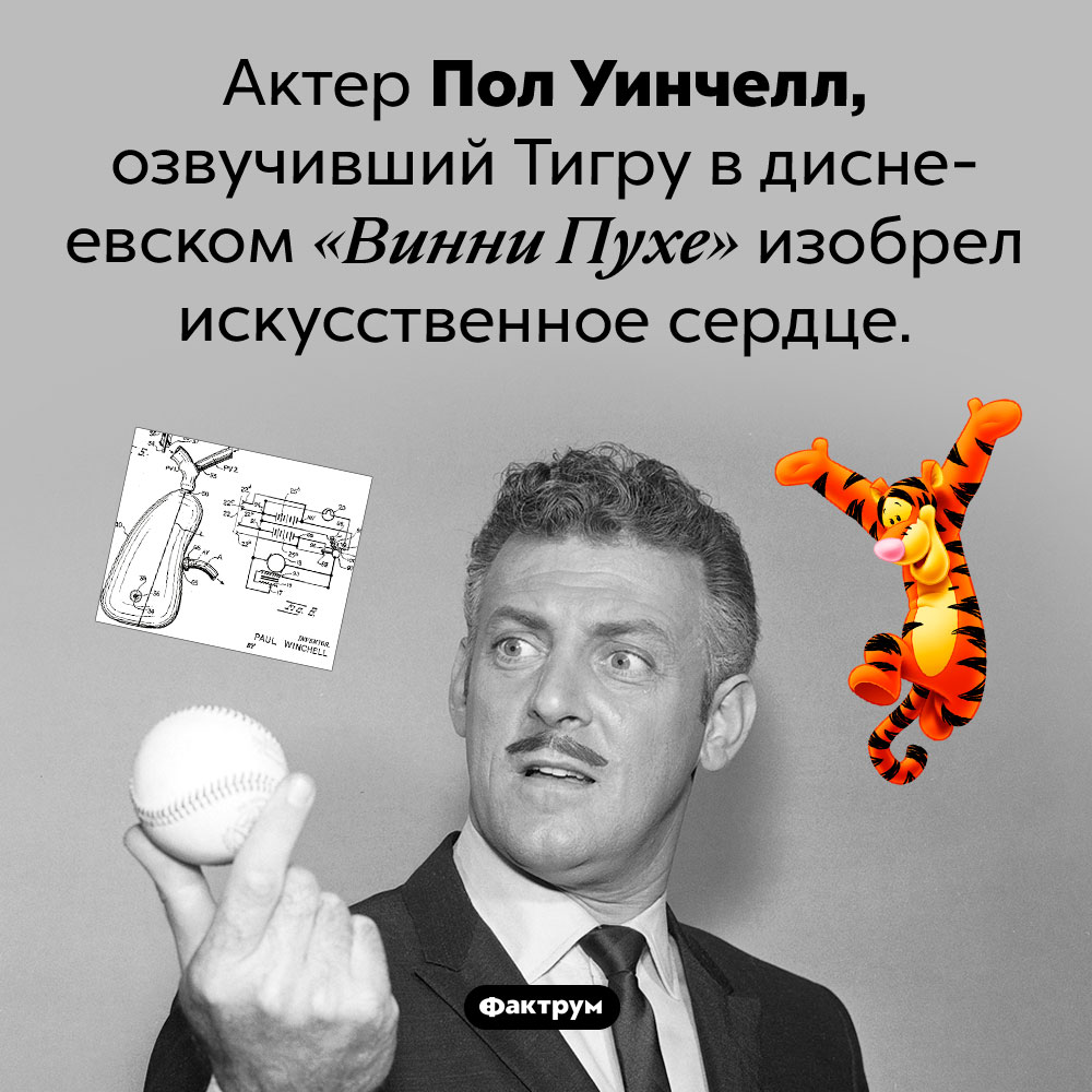 Актер и изобретатель Пол Уинчелл. Актер Пол Уинчелл, озвучивший Тигру в диснеевском «Винни Пухе» изобрел искусственное сердце.