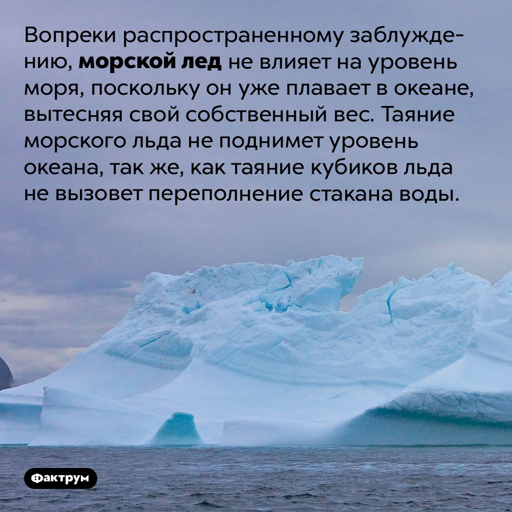 Морской лед не влияет на уровень моря. Вопреки распространенному заблуждению, морской лед не влияет на уровень моря, поскольку он уже плавает в океане, вытесняя свой собственный вес. Таяние морского льда не поднимет уровень океана, так же, как таяние кубиков льда не вызовет переполнение стакана воды.