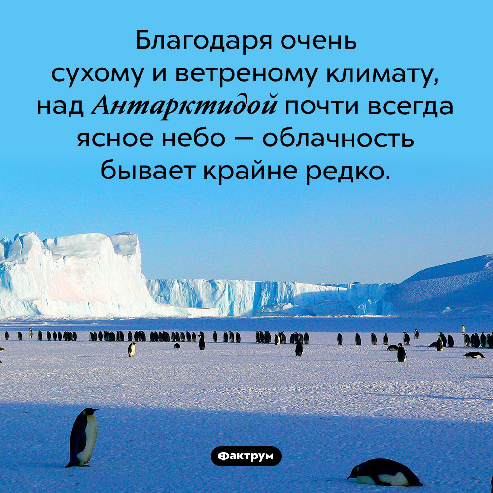 Небо над Антарктидой. Благодаря очень сухому и ветреному климату, над Антарктидой почти всегда ясное небо — облачность бывает крайне редко.