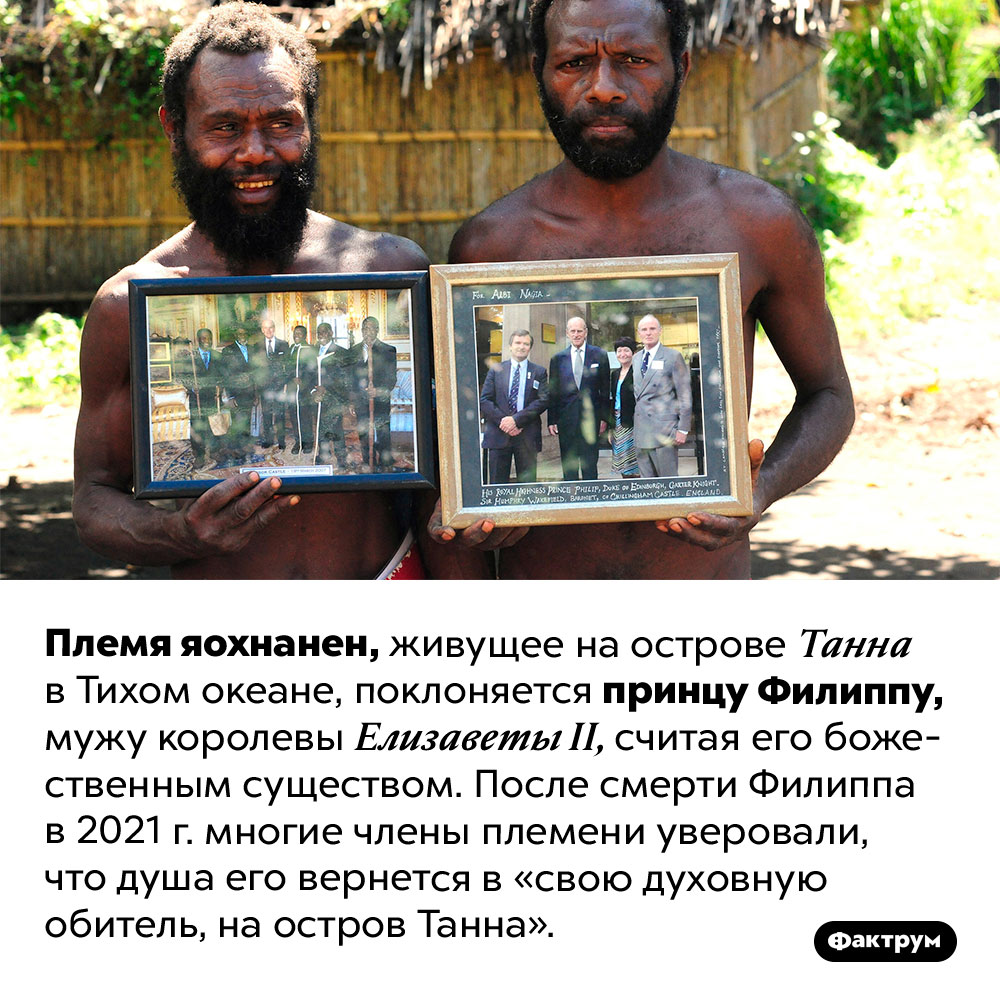 Племя, поклоняющееся принцу Филиппу. Племя яохнанен, живущее на острове Танна в Тихом океане, поклоняется принцу Филиппу, мужу королевы Елизаветы II, считая его божественным существом. После смерти Филиппа в 2021 г. многие члены племени уверовали, что душа его вернется в «свою духовную обитель, на остров Танна».