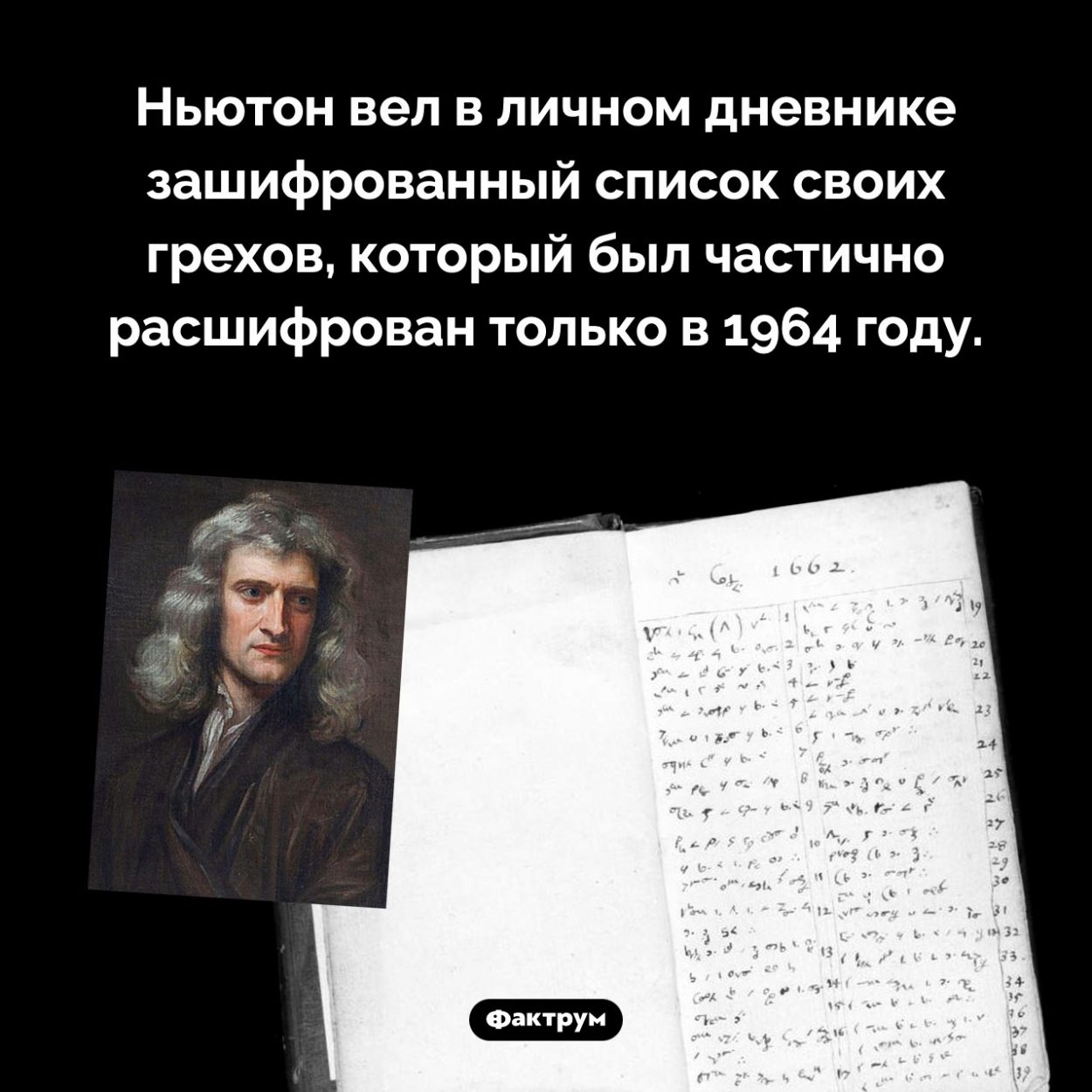 Ньютон записывал свои грехи. Ньютон вел в личном дневнике зашифрованный список своих грехов, который был частично расшифрован только в 1964 году.