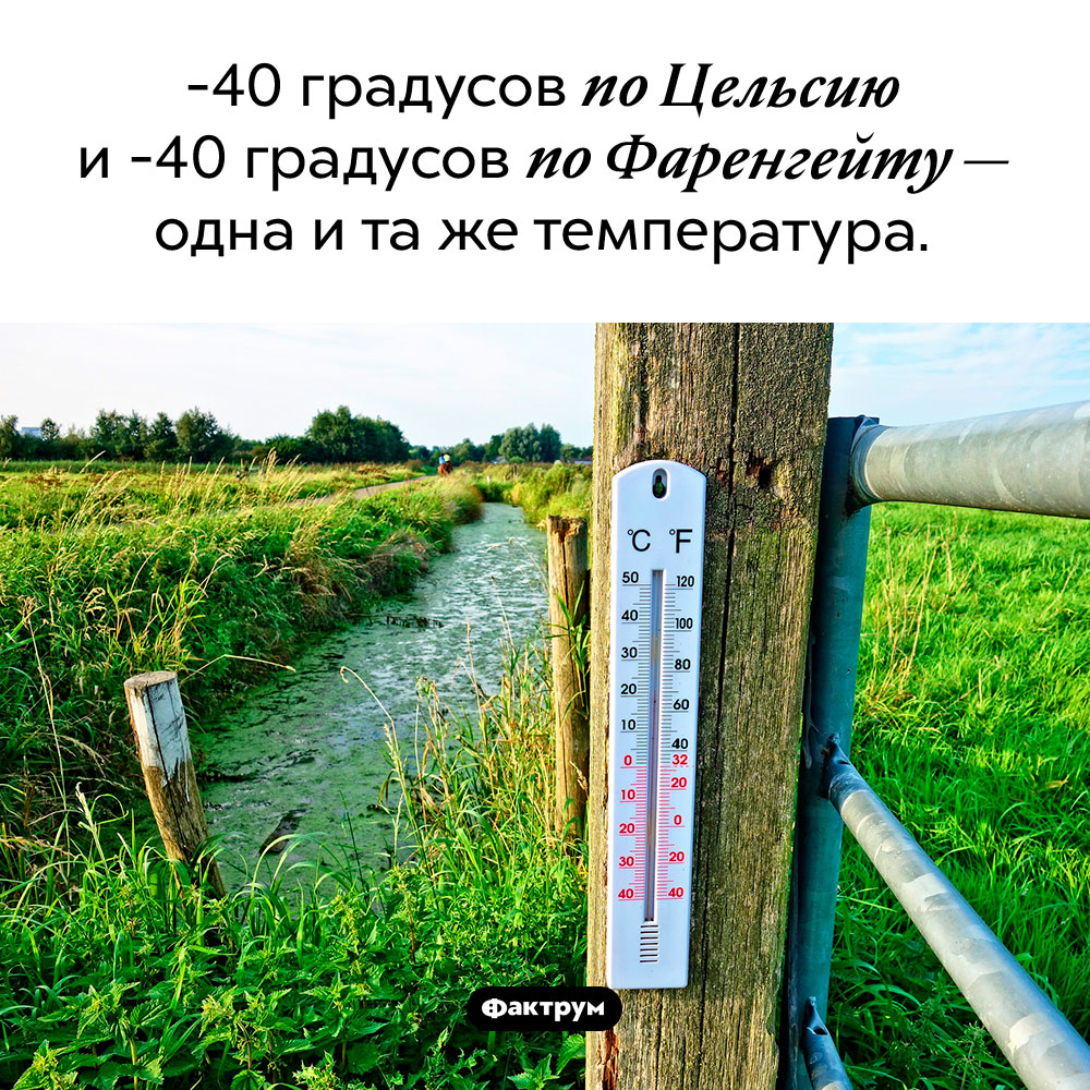 -40 градусов по Фаренгейту. -40 градусов по Цельсию и -40 градусов по Фаренгейту — одна и та же температура.