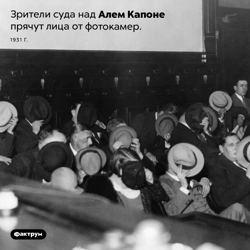 Суд над Алем Капоне. Зрители суда над Алем Капоне прячут лица от фотокамер. 1931 год.