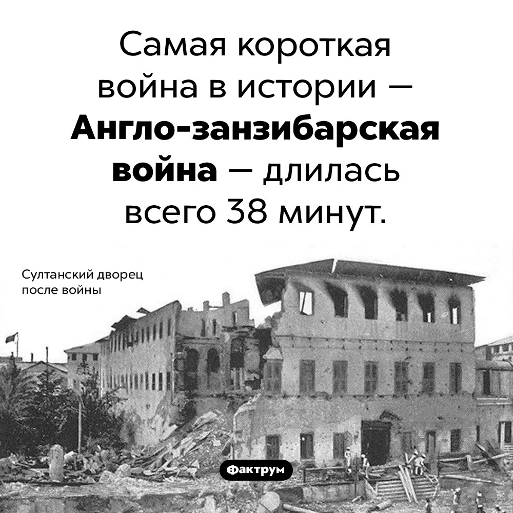 Самая короткая война в истории. Самая короткая война в истории — Англо-занзибарская война — длилась всего 38 минут.