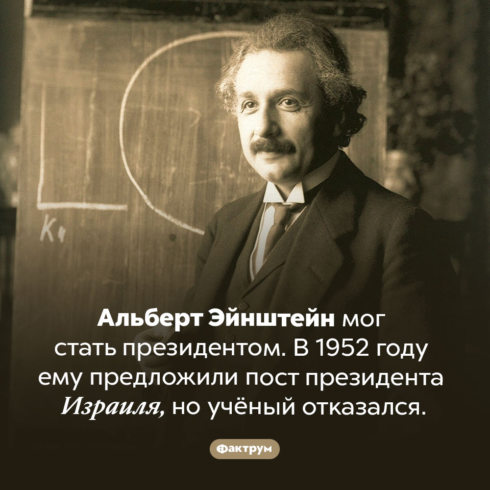Эйнштейн-президент. Альберт Эйнштейн мог стать президентом. В 1952 году ему предложили пост президента Израиля, но учёный отказался.