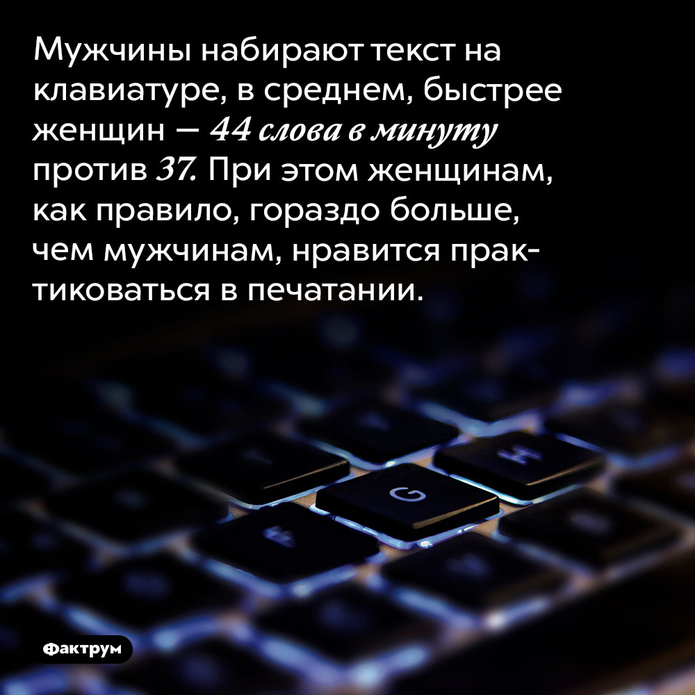 Кто быстрее печатает. Мужчины набирают текст на клавиатуре, в среднем, быстрее женщин — 44 слова в минуту против 37. При этом женщинам, как правило, гораздо больше, чем мужчинам, нравится практиковаться в печатании.