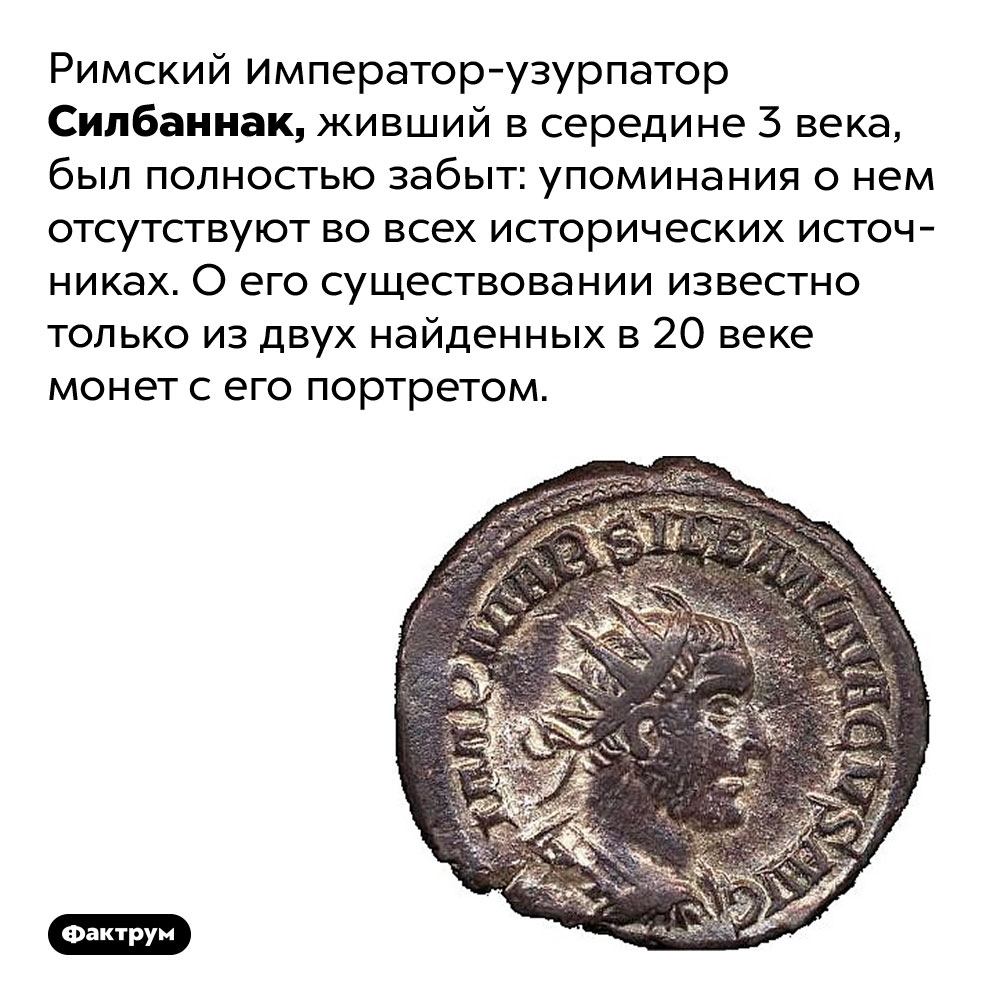 Забытый узурпатор. Римский император-узурпатор Силбаннак, живший в середине 3 века, был полностью забыт: упоминания о нем отсутствуют во всех исторических источниках. О его существовании известно только из двух найденных в 20 веке монет с его портретом.
