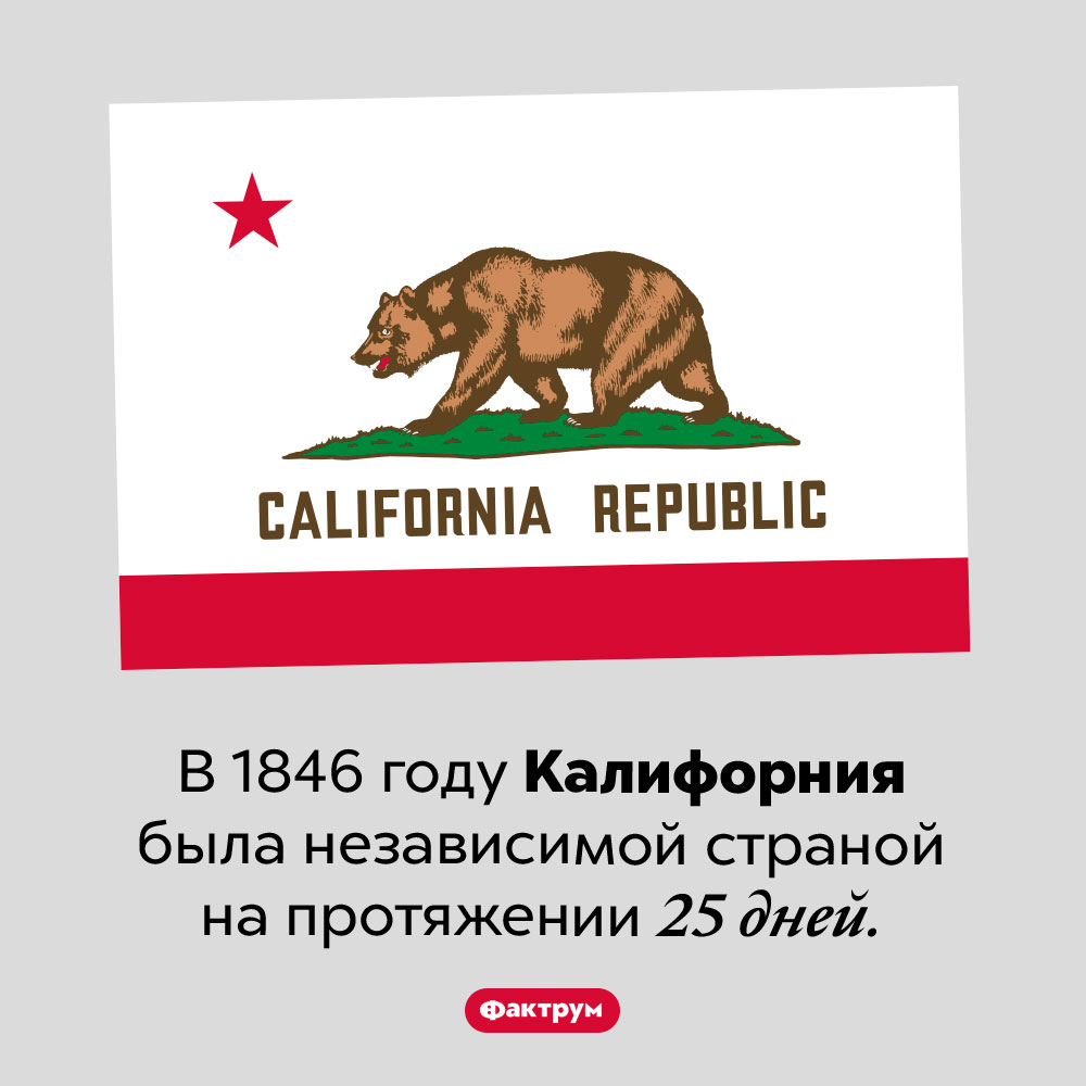 Суверенная Калифорния. В 1846 году Калифорния была независимой страной на протяжении 25 дней. 