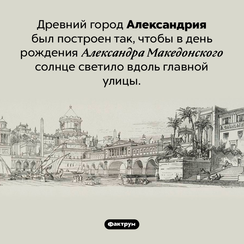 Удивительная особенность Александрии. Древний город Александрия был построен так, чтобы в день рождения Александра Македонского солнце светило вдоль главной улицы.