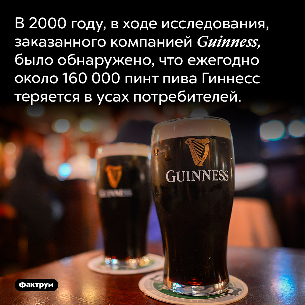 По усам текло…. В 2000 году, в ходе исследования, заказанного компанией Guinness, было обнаружено, что ежегодно около 160 000 пинт пива Гиннесс теряется в усах потребителей.
