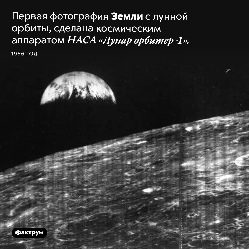 Первая фотография Земли с орбиты Луны. Первая фотография Земли с лунной орбиты, сделана космическим аппаратом НАСА «Лунар орбитер-1». 1966 год.