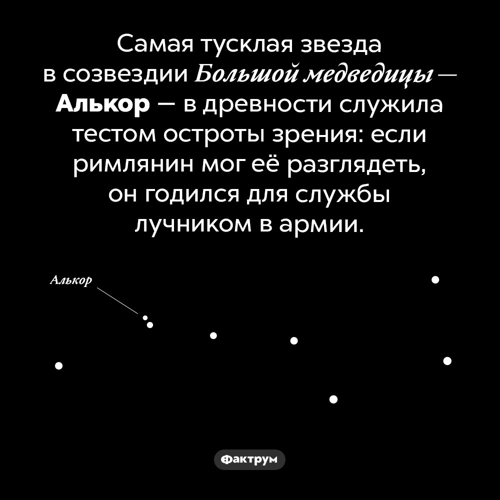 Древний тест остроты зрения. Самая тусклая звезда в созвездии Большой медведицы — Алькор — в древности служила тестом остроты зрения: если римлянин мог её разглядеть, он годился для службы лучником в армии.