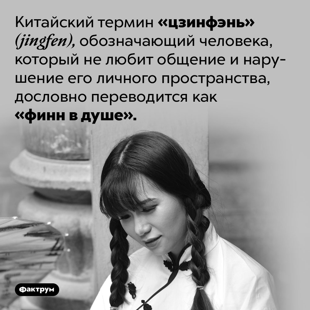 «Финн в душе́». Китайский термин «цзинфэнь» <em>(jingfen),</em> обозначающий человека, который не любит общение и нарушение его личного пространства, дословно переводится как «финн в душе́». 