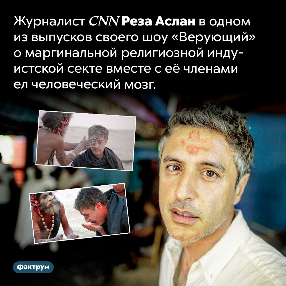 Журналист CNN съел человеческий мозг. Журналист <em>CNN</em> Реза Аслан в одном из выпусков своего шоу «Верующий» о маргинальной религиозной индуистской секте вместе с её членами ел человеческий мозг. 