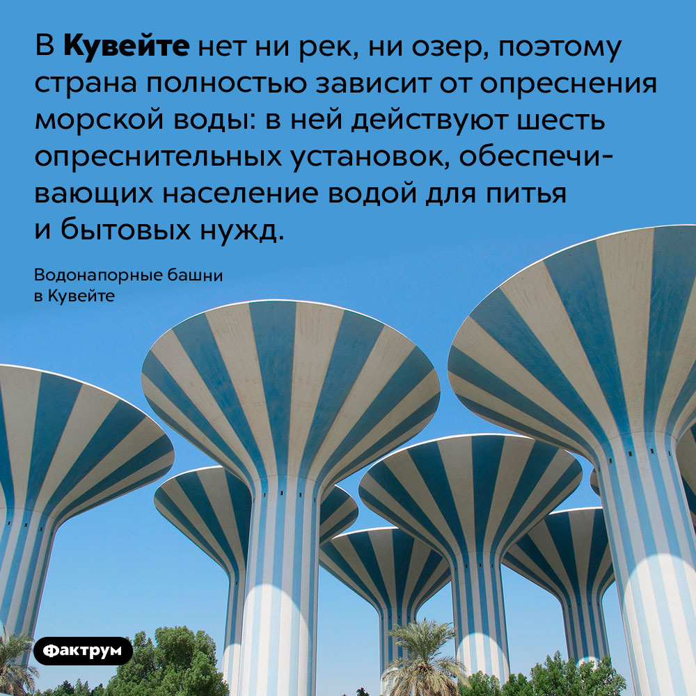 В Кувейте нет природной пресной воды. В Кувейте нет ни рек, ни озер, поэтому страна полностью зависит от опреснения морской воды: в ней действуют шесть опреснительных установок, обеспечивающих население водой для питья и бытовых нужд.