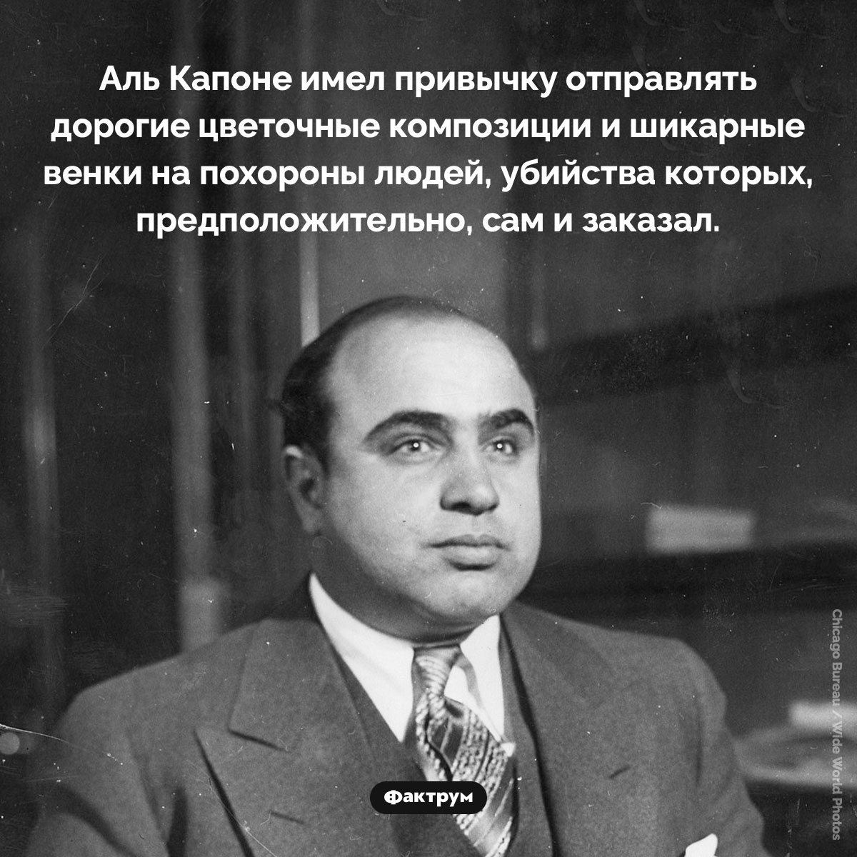 Скорбь Аля Капоне. Аль Капоне имел привычку отправлять дорогие цветочные композиции и шикарные венки на похороны людей, убийства которых, предположительно, сам и заказал.
