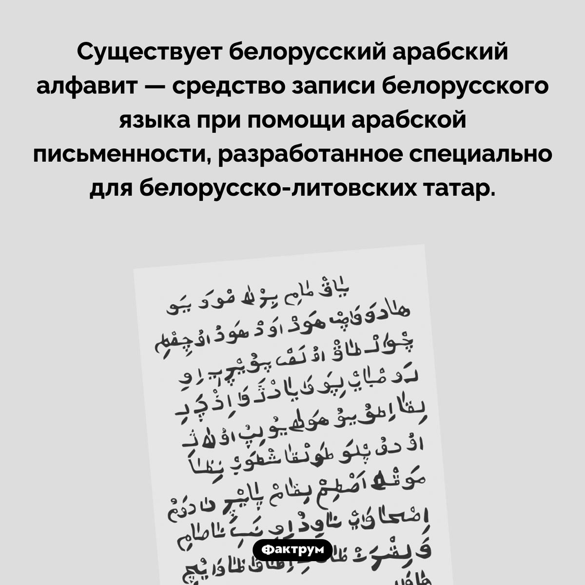 Белорусский арабский алфавит. Существует белорусский арабский алфавит — средство записи белорусского языка при помощи арабской письменности, разработанное специально для белорусско-литовских татар.
