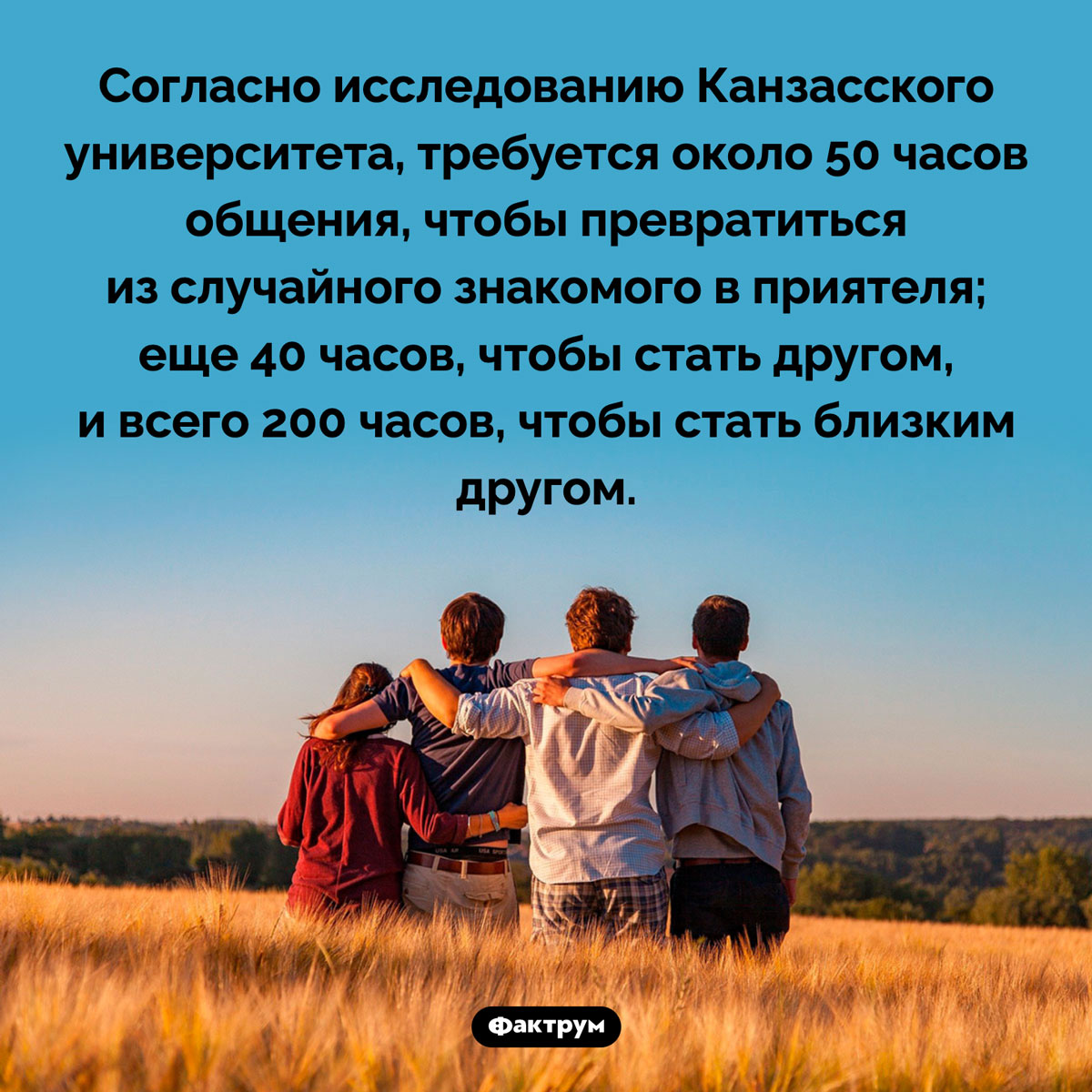 Сколько нужно времени, чтобы подружиться. Согласно исследованию Канзасского университета, требуется около 50 часов общения, чтобы превратиться из случайного знакомого в приятеля; еще 40 часов, чтобы стать другом, и всего 200 часов, чтобы стать близким другом.