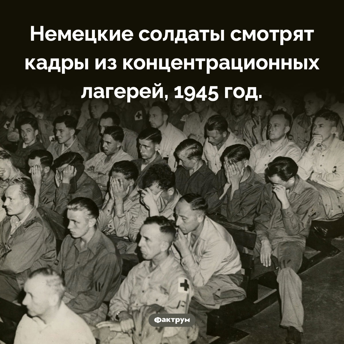 Кадры из немецких лагерей. Немецкие солдаты смотрят кадры из концентрационных лагерей, 1945 год.