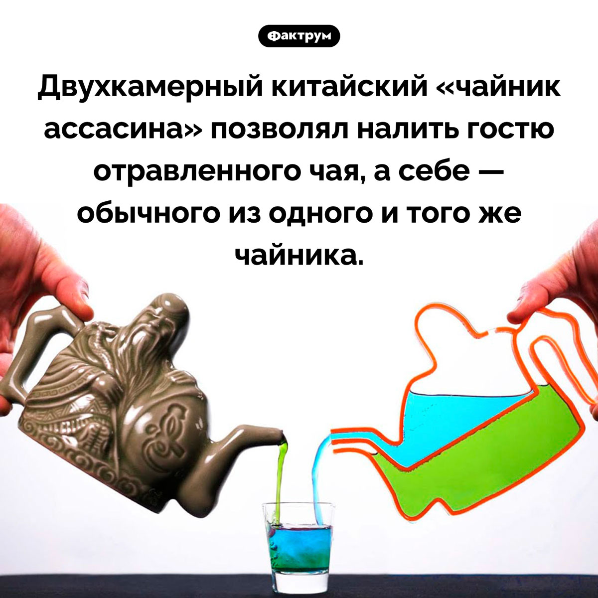 Чайник ассасина. Двухкамерный китайский «чайник ассасина» позволял налить гостю отравленного чая, а себе — обычного из одного и того же чайника.