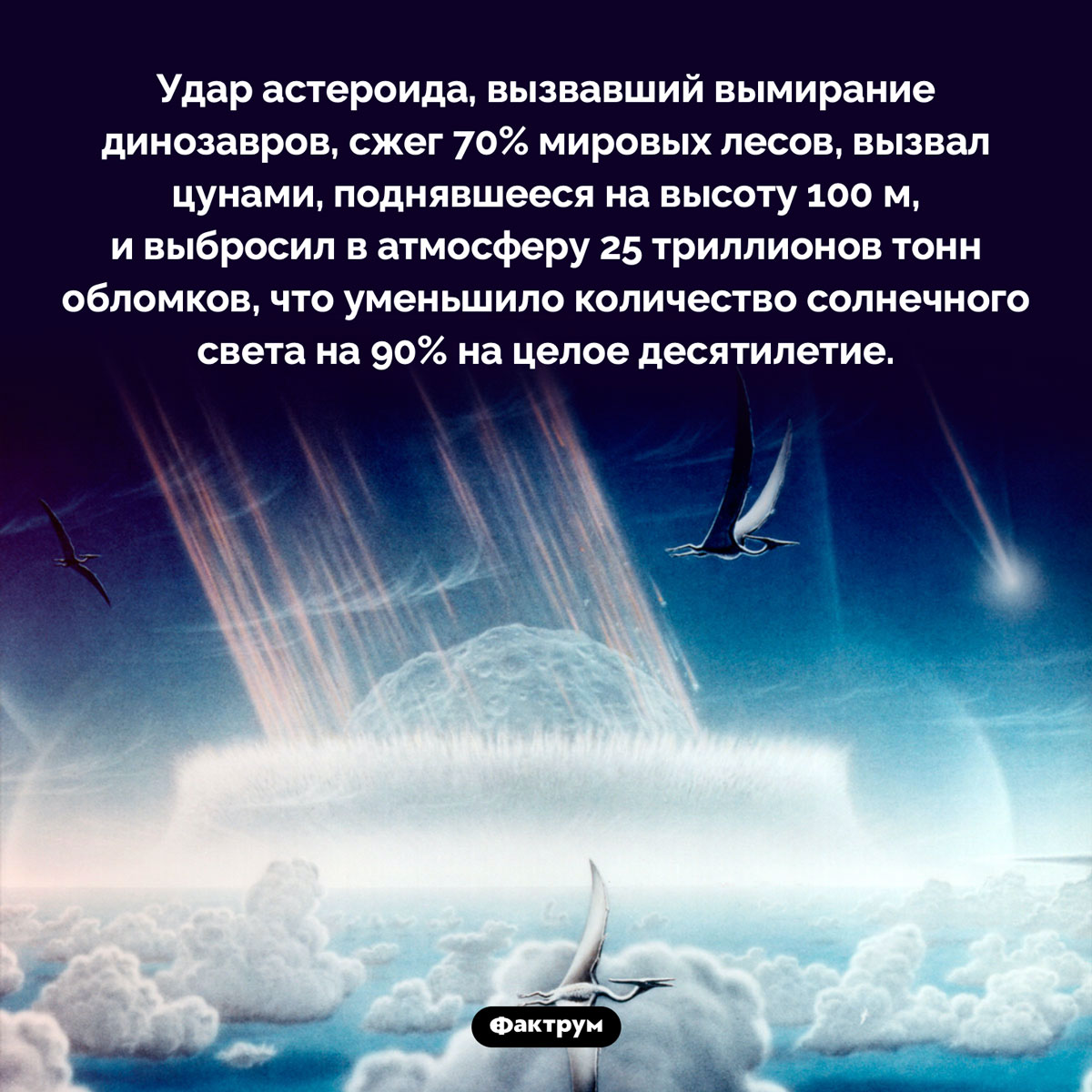 Глобальная катастрофа, убившая динозавров. Удар астероида, вызвавший вымирание динозавров, сжег 70% мировых лесов, вызвал цунами, поднявшееся на высоту 100 м, и выбросил в атмосферу 25 триллионов тонн обломков, что уменьшило количество солнечного света на 90% на целое десятилетие.