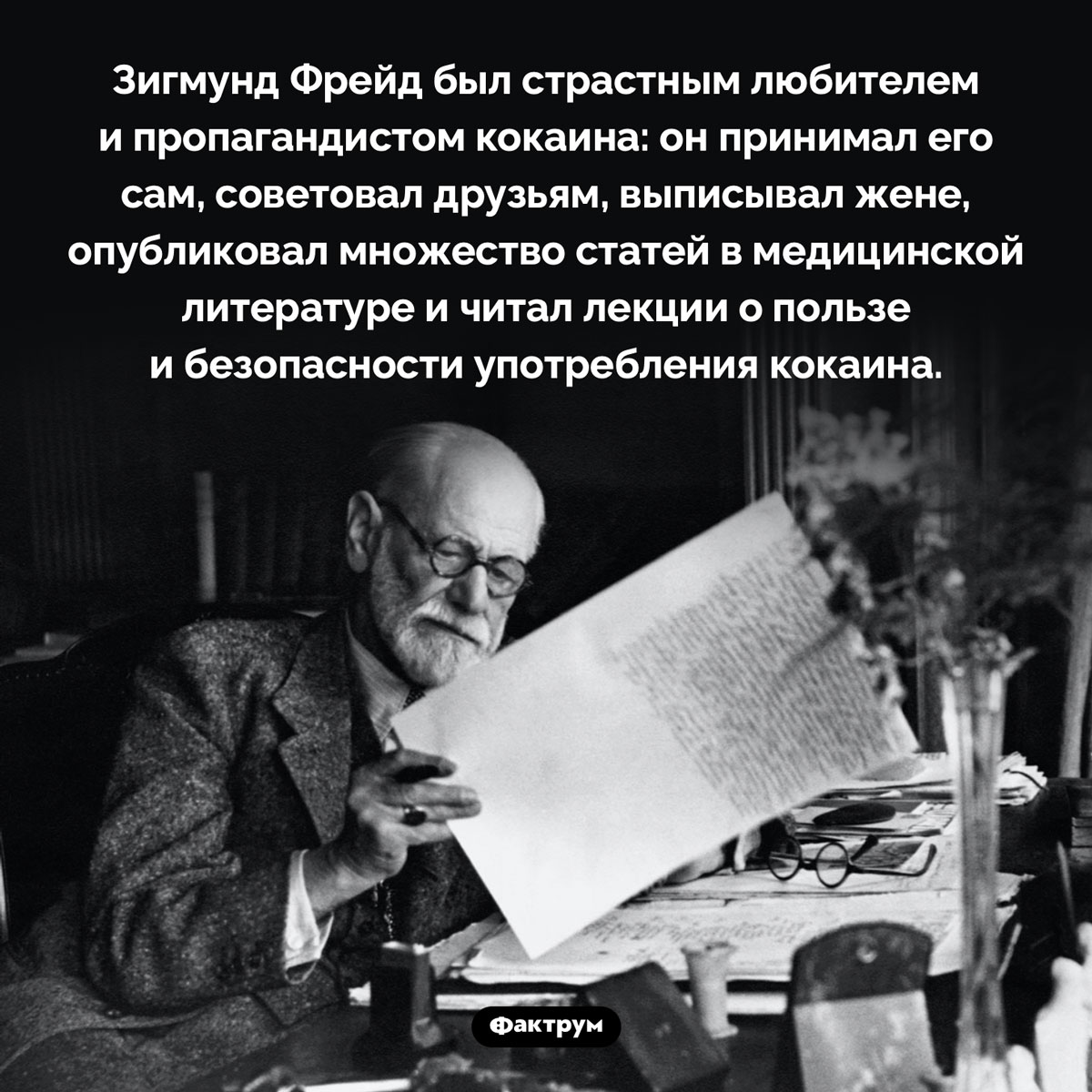 Фрейд обожал кокаин. Зигмунд Фрейд был страстным любителем и пропагандистом кокаина: он принимал его сам, советовал друзьям, выписывал жене, опубликовал множество статей в медицинской литературе и читал лекции о пользе и безопасности употребления кокаина.