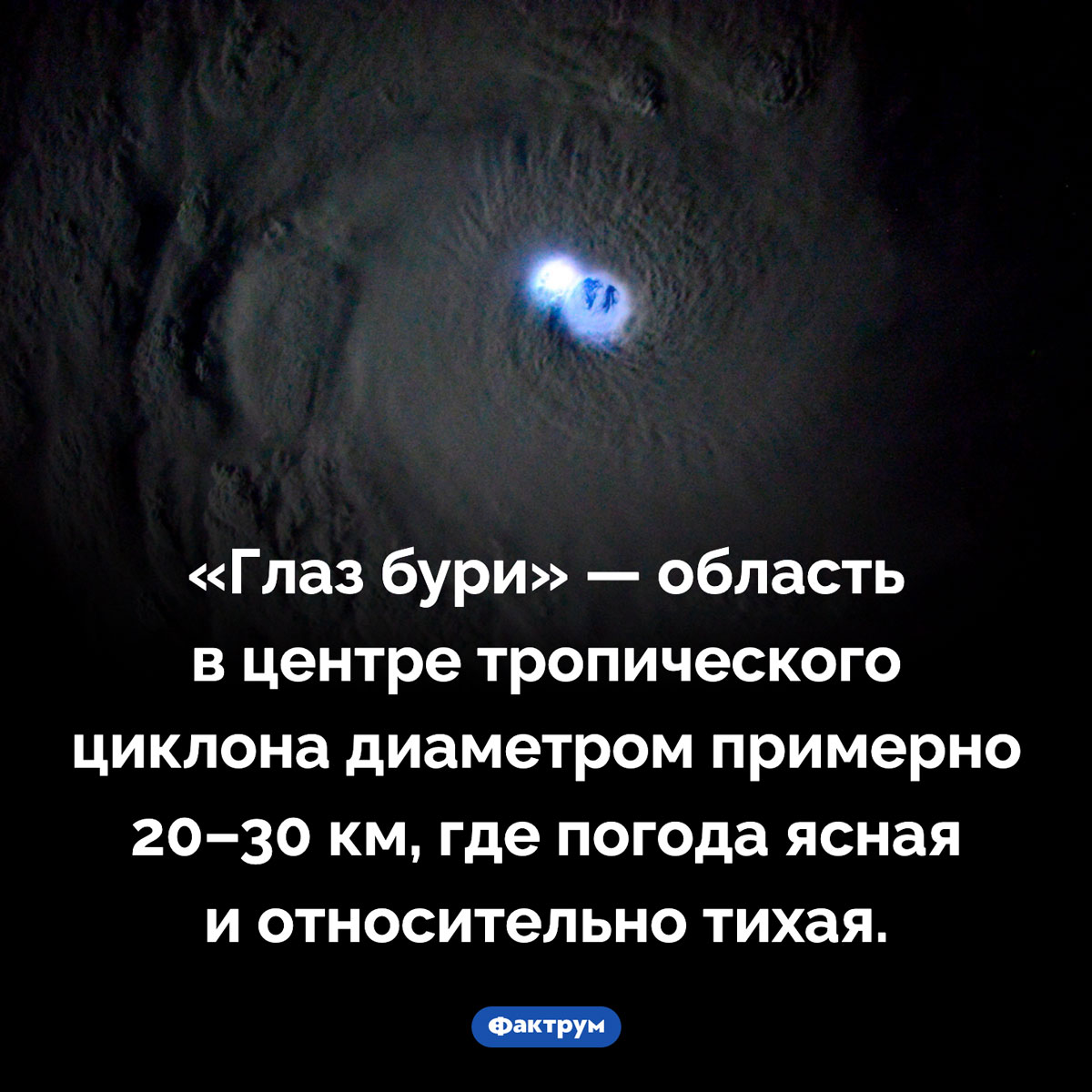 Глаз бури. «Глаз бури» — область в центре тропического циклона диаметром примерно 20–30 км, где погода ясная и относительно тихая.