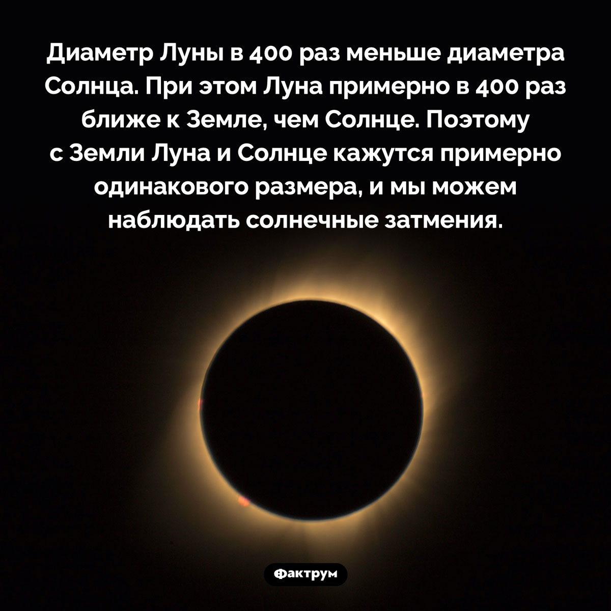 Почему возможны солнечные затмения. Диаметр Луны в 400 раз меньше диаметра Солнца. При этом Луна примерно в 400 раз ближе к Земле, чем Солнце. Поэтому с Земли Луна и Солнце кажутся примерно одинакового размера, и мы можем наблюдать солнечные затмения.